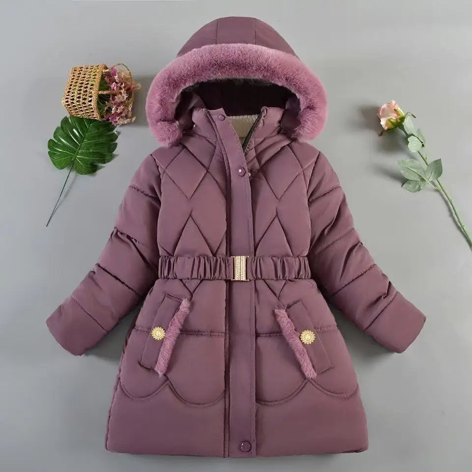 Girls' Hooded Winter Coat with Belt - Plush Lined Heavy Jacket