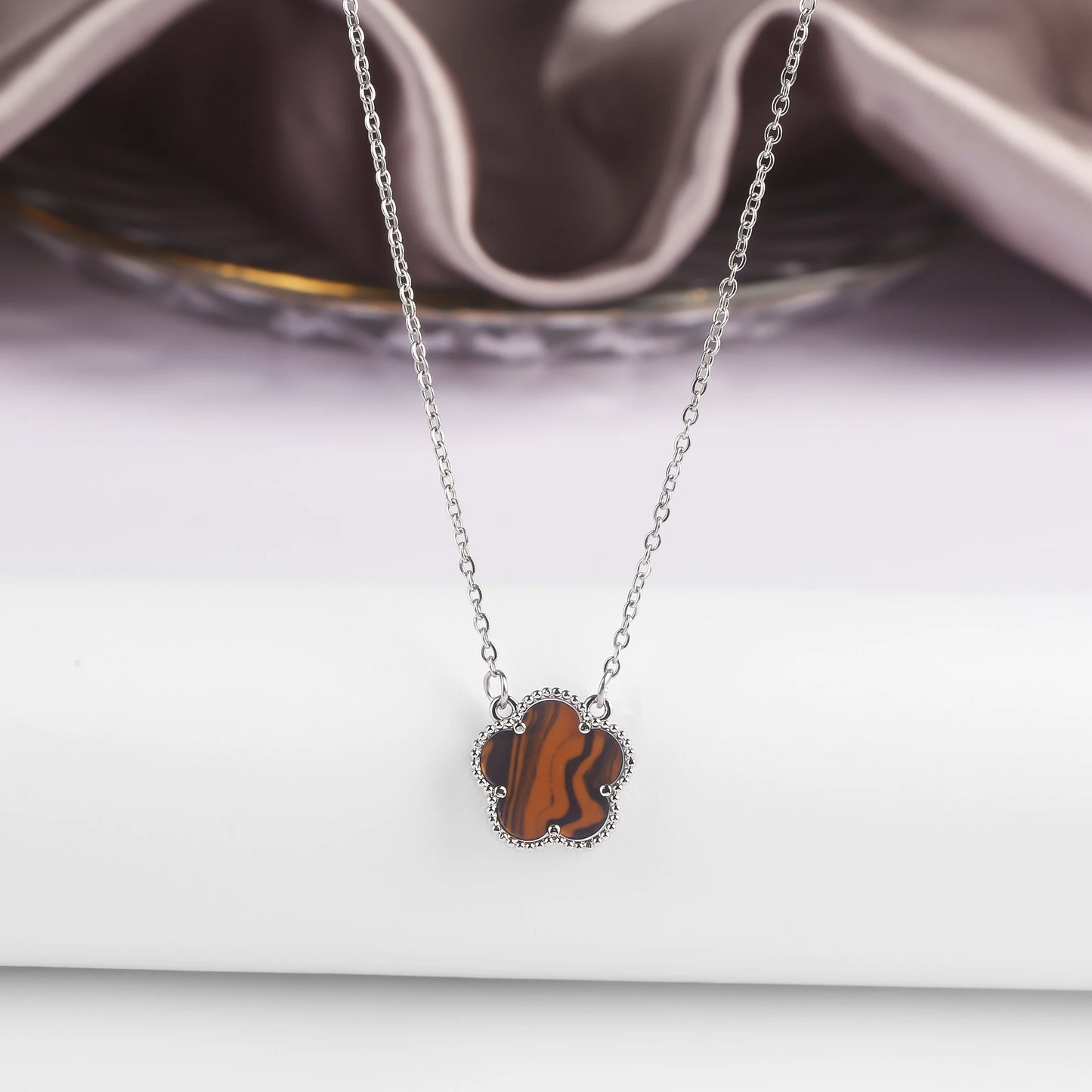 Five-Petal Flower Pendant Necklace — Natural Stone, 7 Colors