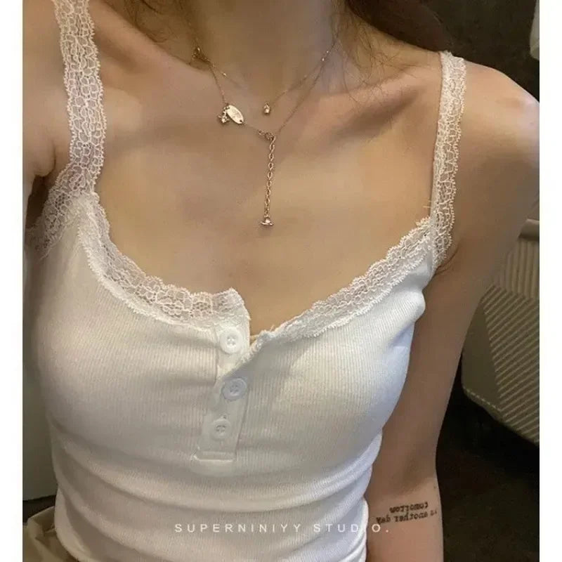 Women's Knit Tank Top — Padded Lace Camisole Crop Vest