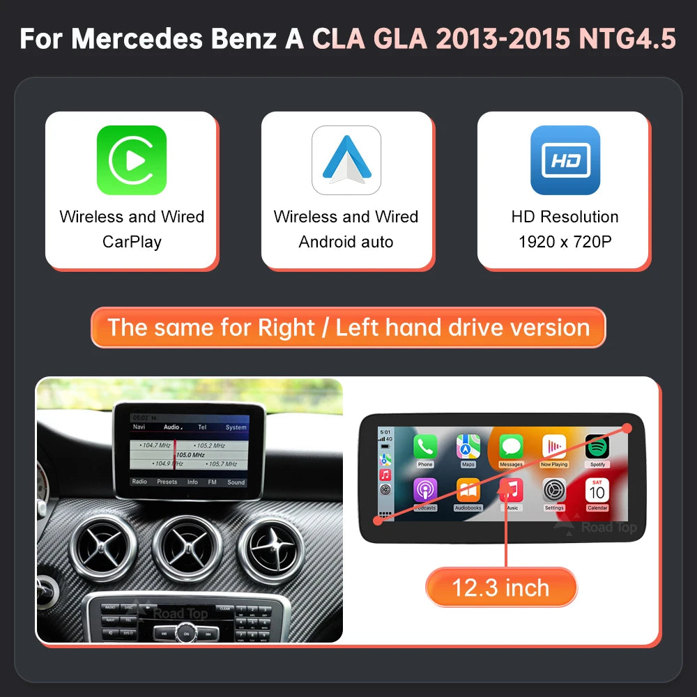 Wireless Carplay Android Auto Car Multimedia Display For Mercedes-Benz A B CLA GLA W176 W463 W246 2013-2015 NTG4.5 Touch Screen