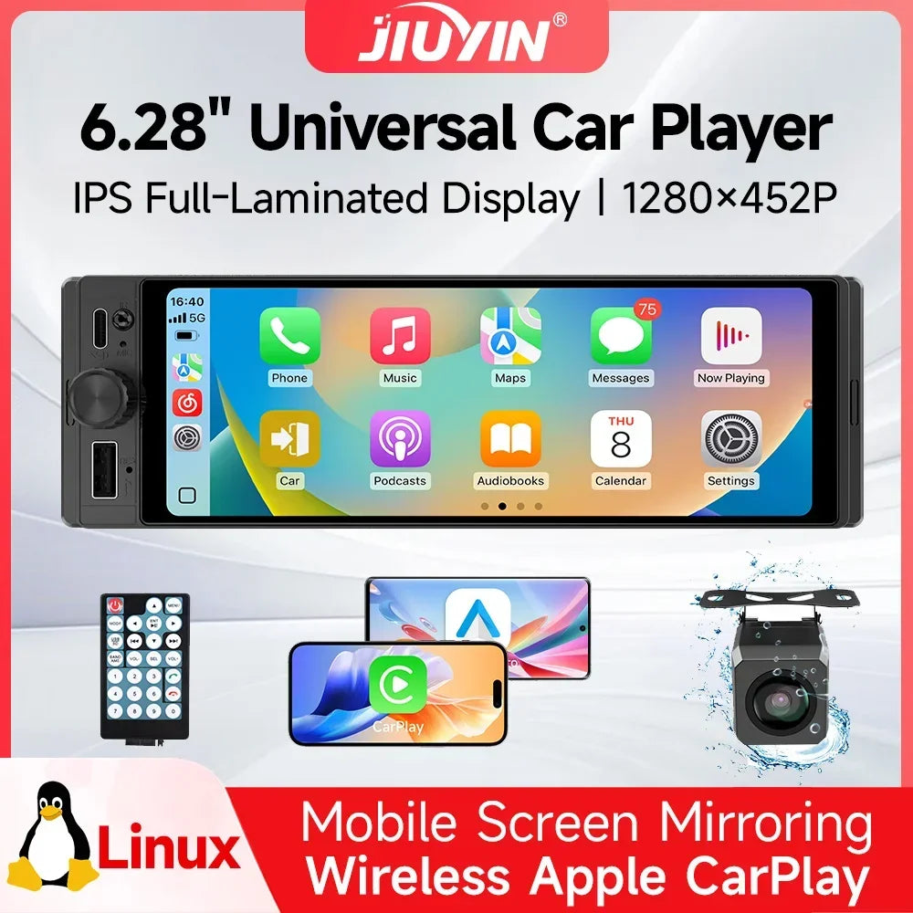 6.28" 1 DIN Universal Car Stereo with Apple CarPlay & Android Auto (MP5)