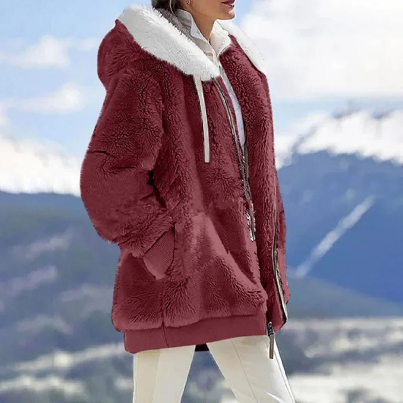 Women's Hooded Fleece Zip Jacket, Casual Winter Coat