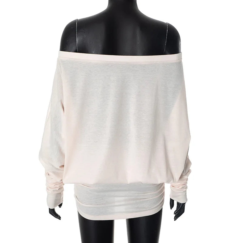 Women's Off-Shoulder Long-Sleeve Top — One-Shoulder Loose Summer Tee