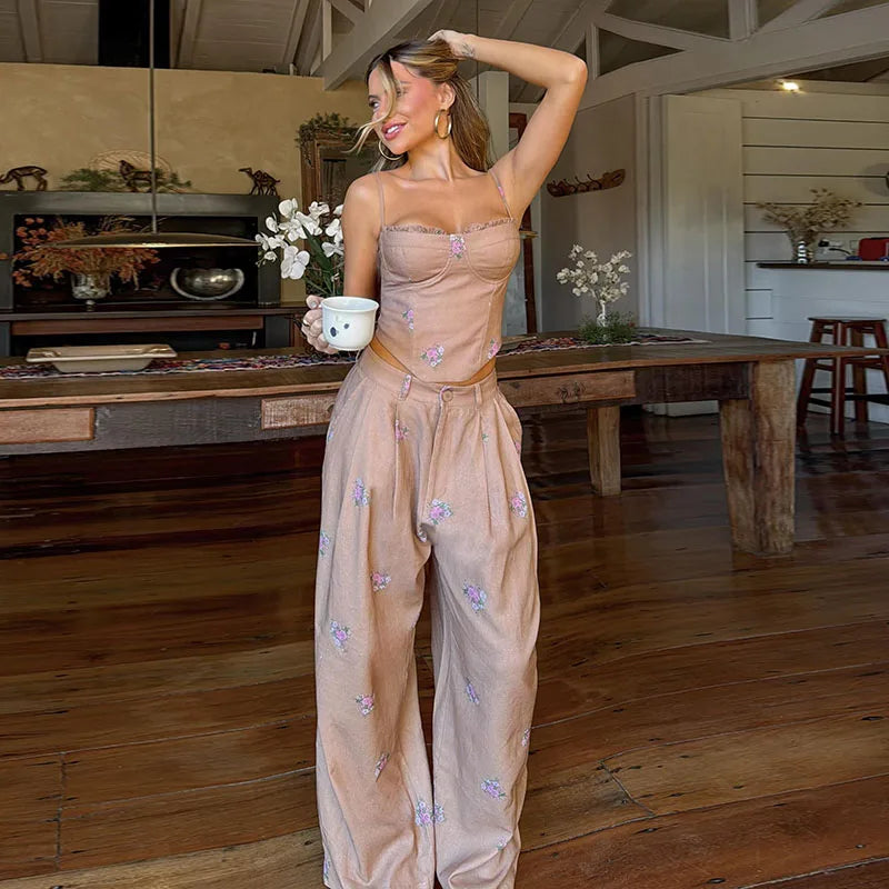 Corset Cami & Pleated Wide-Leg Pants Set — Y2K 2-Piece