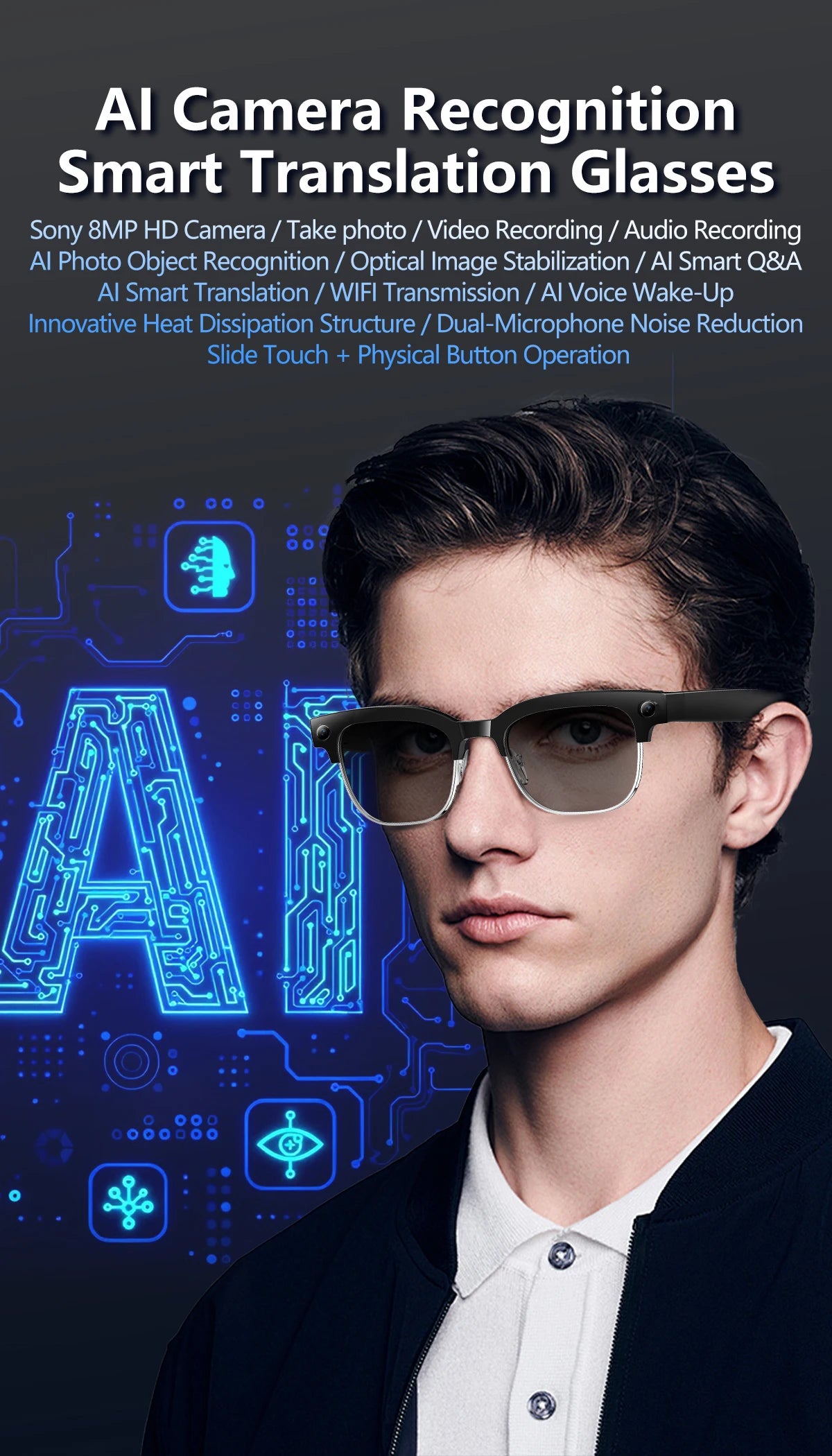 GUHUAVMI W630 AI Smart Glasses – 800MP Dual Camera, 4K Video, BT 5.3, AI ChatGPT, Voice Translation & Blue Light Blocking