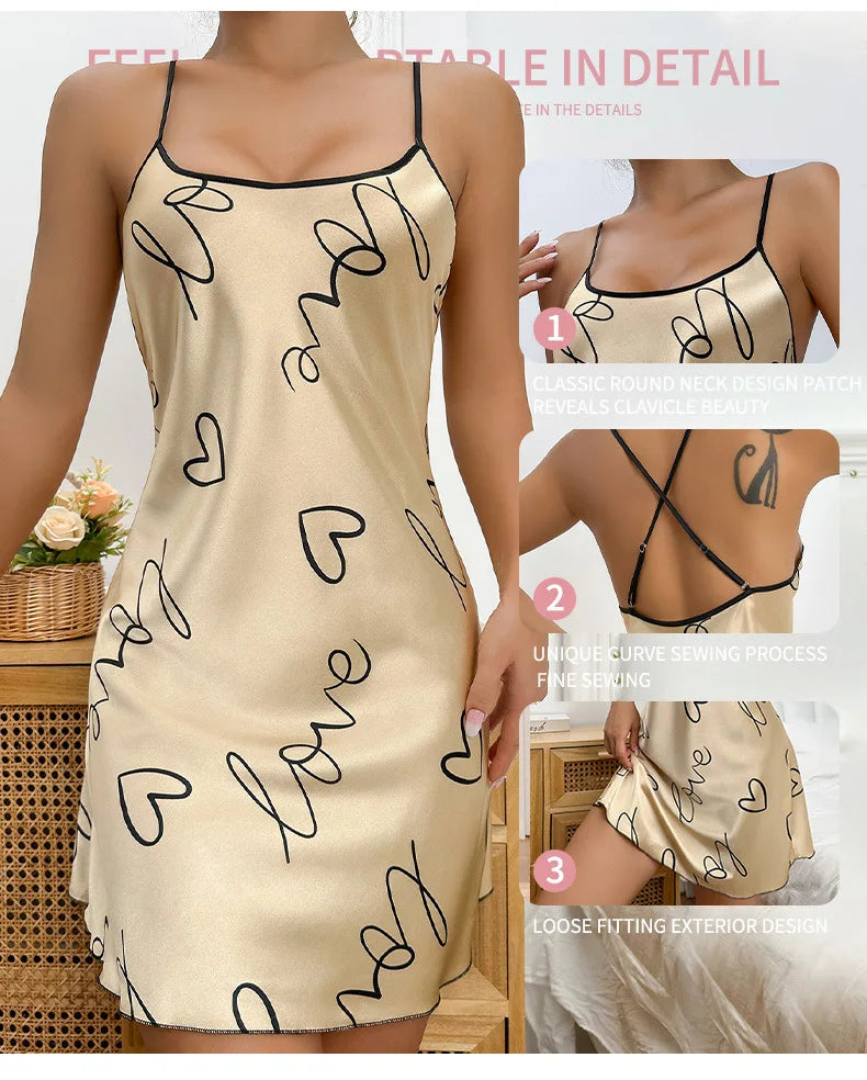 Women's Heart & Letter Print Nightdress – Sexy Sleeveless Satin Slip Sleepwear | S–XL (6 Colors)