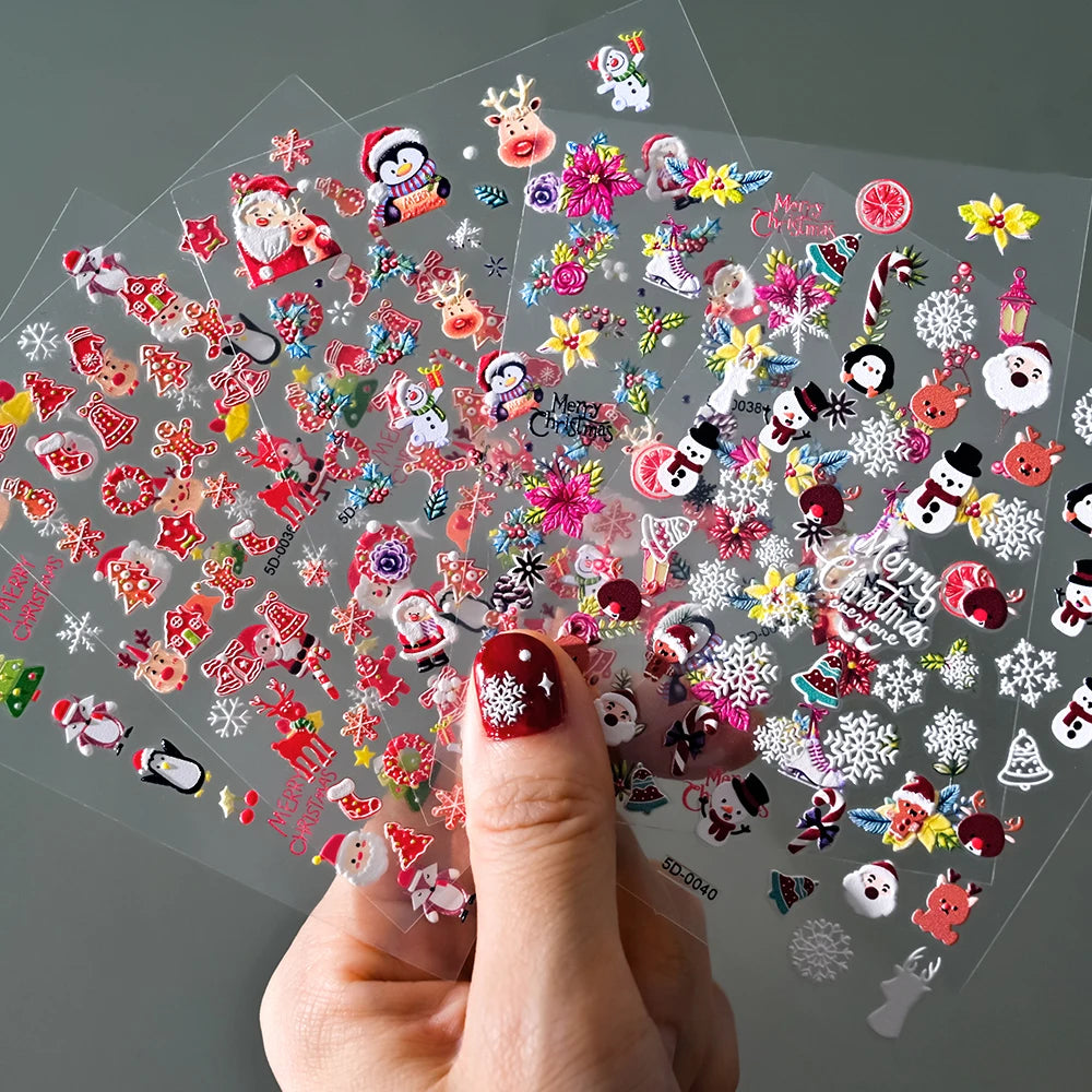 1pcs 5D Embossed Snowflakes/Snowman/Santa Claus/Reindeer Nail Art Stickers Self-Adhesive Cute Christmas Nail Art Decals 8*10CM