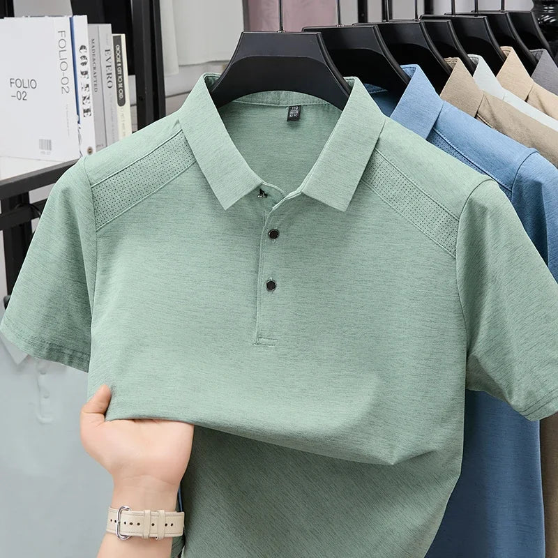 Men's Lapel Polo Tee - Perforated Shoulder, Wrinkle-Resistant