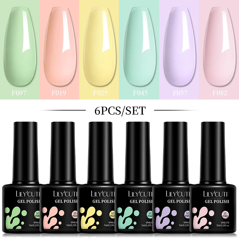LILYCUTE 6Pcs 7ML Gel DIY Nails Polish Set Bright Pink Nail Charms Soak Off UV LED Gel Varnish Nail Art Design Accessories