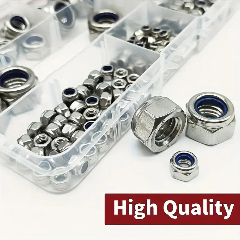 188/230/300pcs 304 Stainless Steel Lock Nut Assortment Kit  Metric Nylon Insert Locknut M3 M4 M5 M6 M8 M10 M12