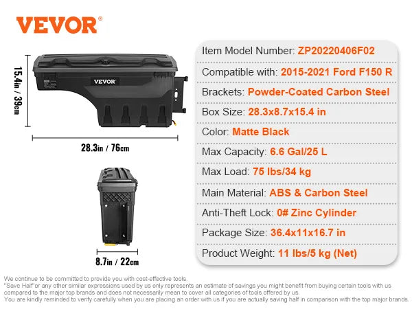 Lockable Wheel-Well Truck Bed Storage Box, Waterproof — Fits Silverado, Sierra & Full-Size Pickups