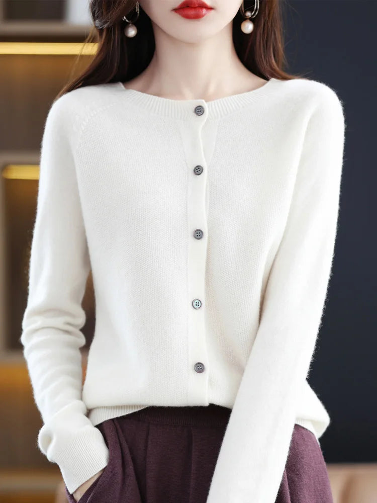 Women Cashmere Sweater 100% Merino Wool Knitted Cardigan Autumn Winter Knitwear O-Neck Female Solid Color Casual Fashion Top