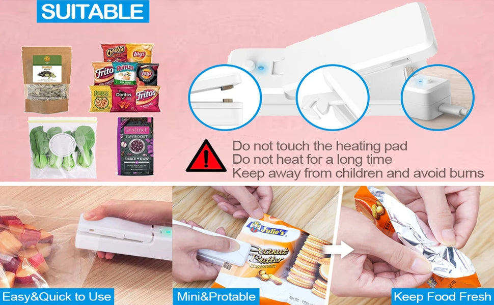 USB Mini Bag Sealer 2-in-1 Portable Heat Sealers Rechargeable Handheld Vacuum Heat Sealers &Cutter for Plastic Bag Storage Food