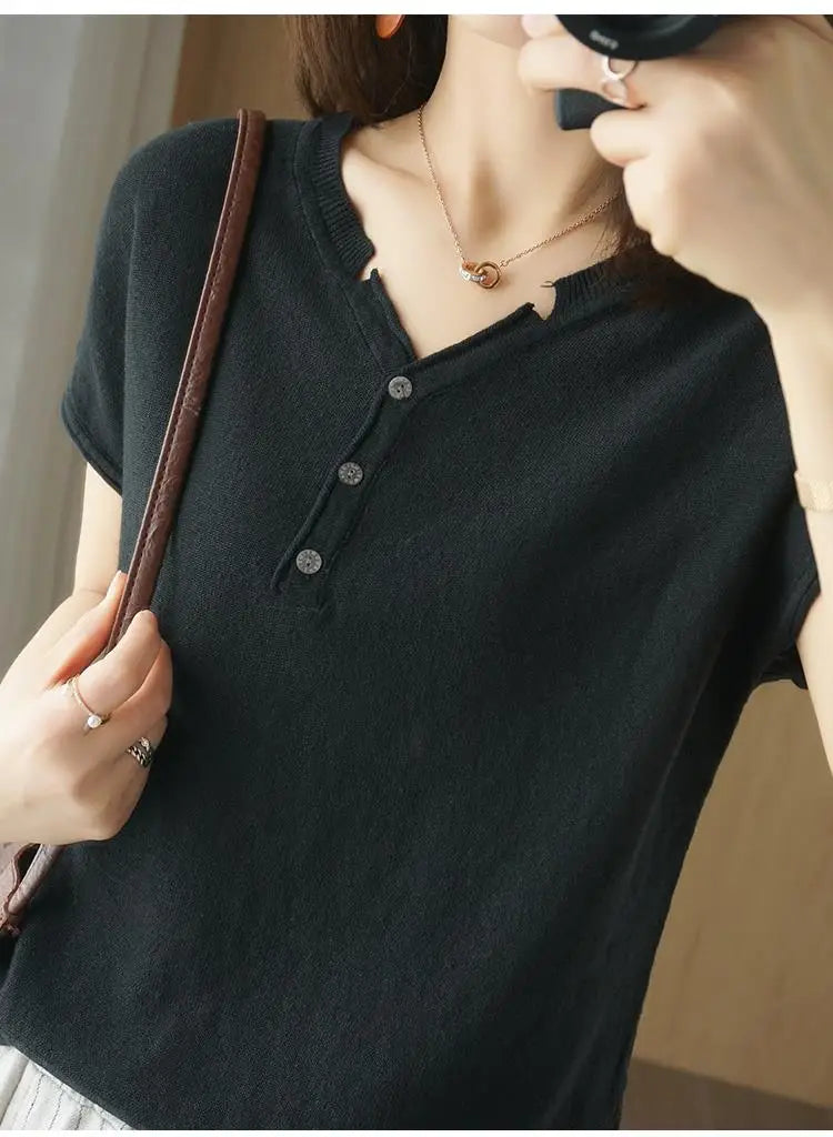 Summer 100% pure cotton women's T-shirt V-neck knitted short sleeved loose Tees solid color pullover button Tops basic versatile