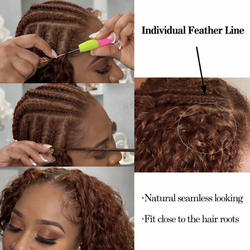 Burmese Curly Brown Crochet Human Hair Lightweight Knotless Feather Extensions Pre Separated Full Invisiable Knot With String