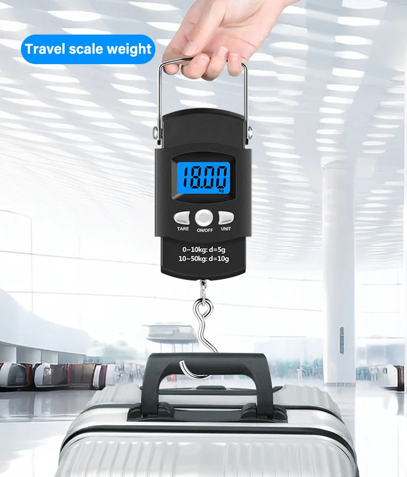 50kg/10g Portable LCD Electronic Hand Scale Travel Hanging Scale with 100cm Long Retractable Measuring Tape