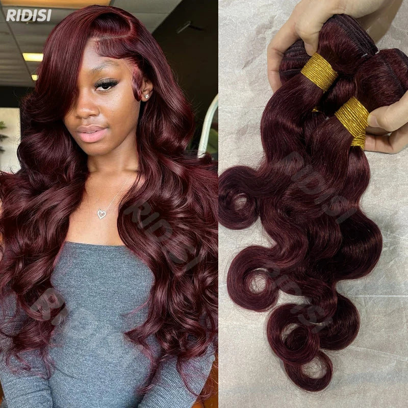 Ridisi 99j Burgundy Body Wave Human Hair Bundles Brazilian Wavy 3/4 Bundles Human Hair Colored Wind Red Hair Bundles
