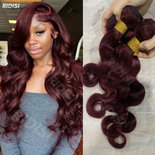 Ridisi 99j Burgundy Body Wave Human Hair Bundles Brazilian Wavy 3/4 Bundles Human Hair Colored Wind Red Hair Bundles