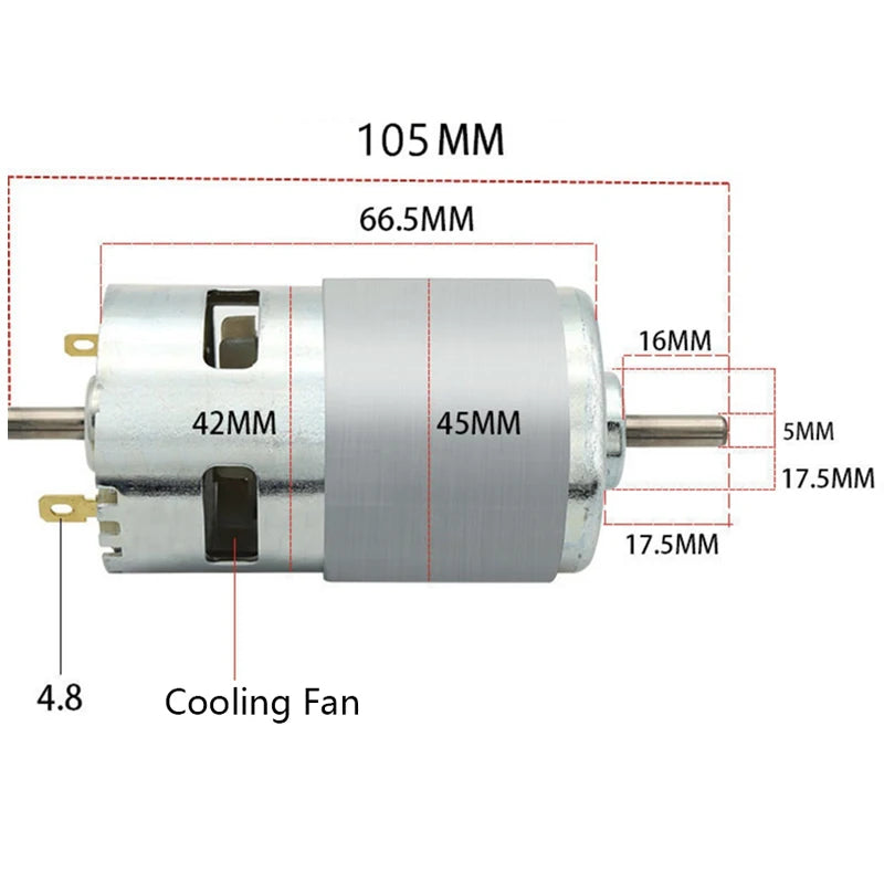 775 Dual Shaft Motor DC 12V-24V Ball Bearing Large Torque High Power Low Noise Gear Motor Electronic Component Motor