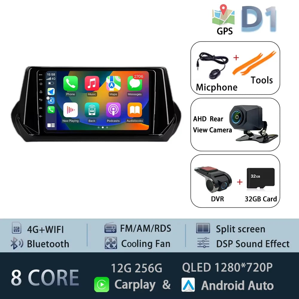 Car Stereo with Apple CarPlay & Android Auto, Compatible with Peugeot 2008 & 208 (2019-2022)
