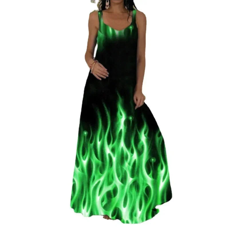 Women's Flame Print Sleeveless Maxi Dress – Casual Summer Sundress