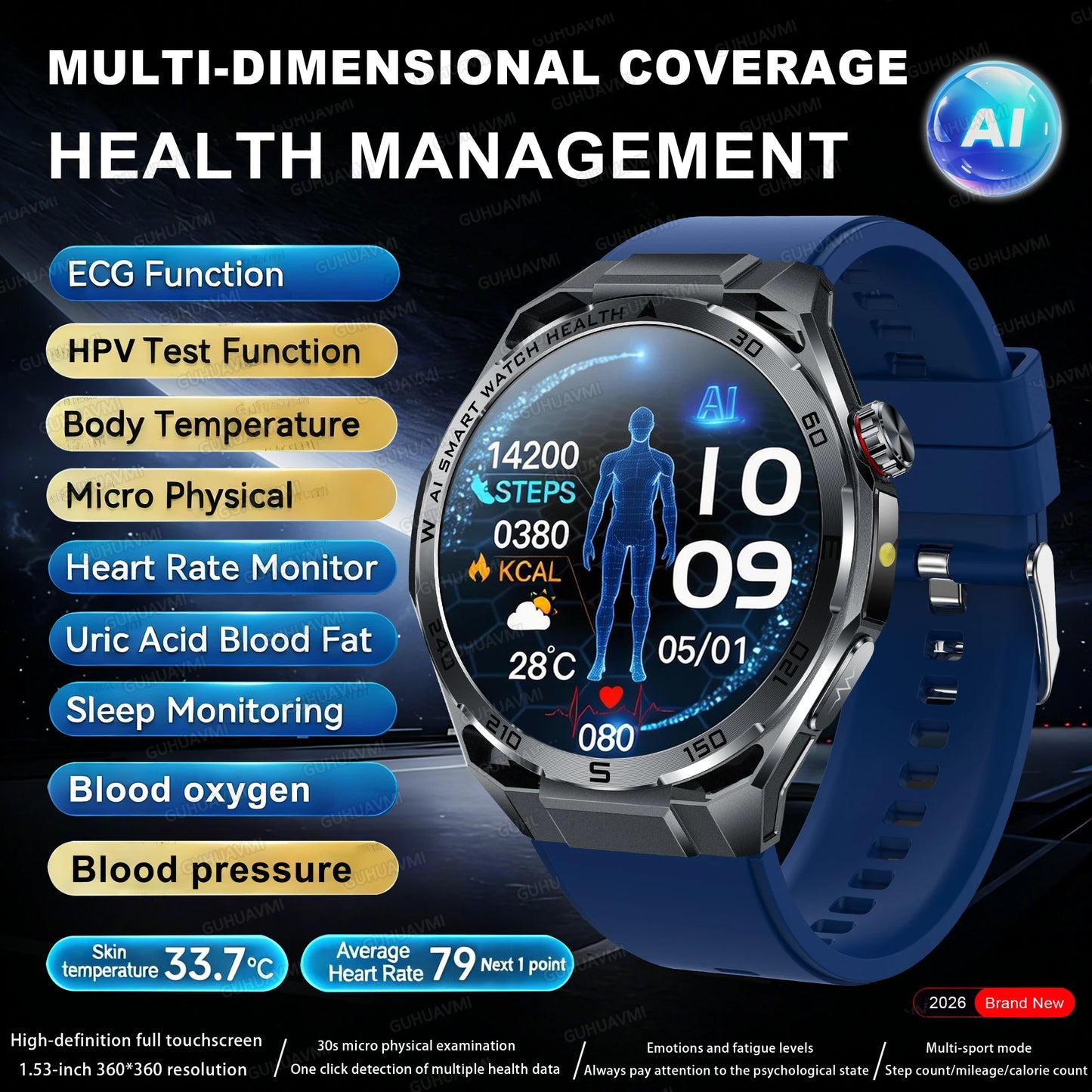 2026 New Body Fat AI Analysis Health Smart Watch ECG+PPG Uric Acid BP Blood Oxygen Call AMOLED Screen Smart Watch For Men Women