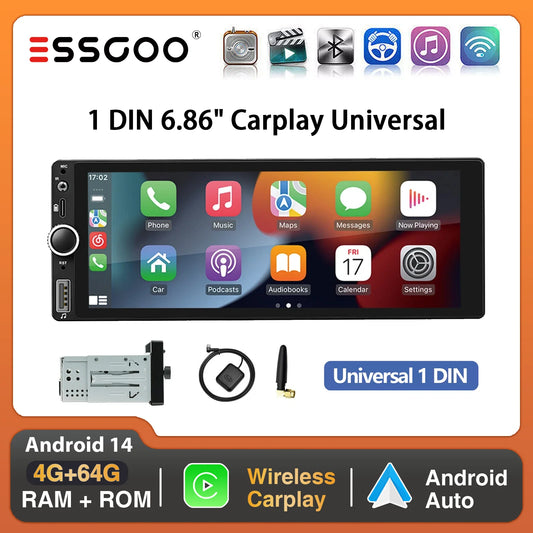 6.86" Single DIN Car Stereo with Apple CarPlay & Android Auto