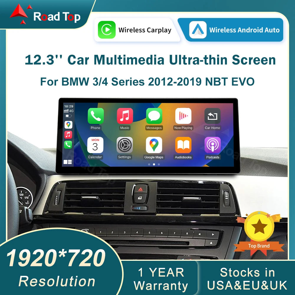 12.3" Wireless CarPlay & Android Auto Display Screen, Compatible with BMW 3 4 Series F30 F31 F32 F33 F34 F36
