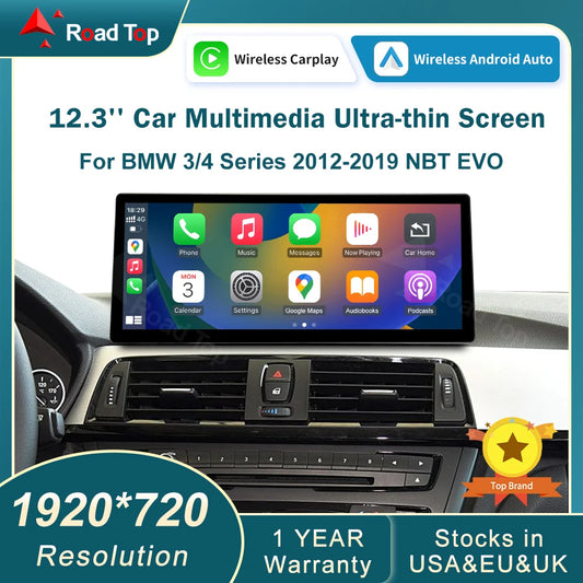 12.3" Wireless CarPlay & Android Auto Display Screen, Compatible with BMW 3 4 Series F30 F31 F32 F33 F34 F36