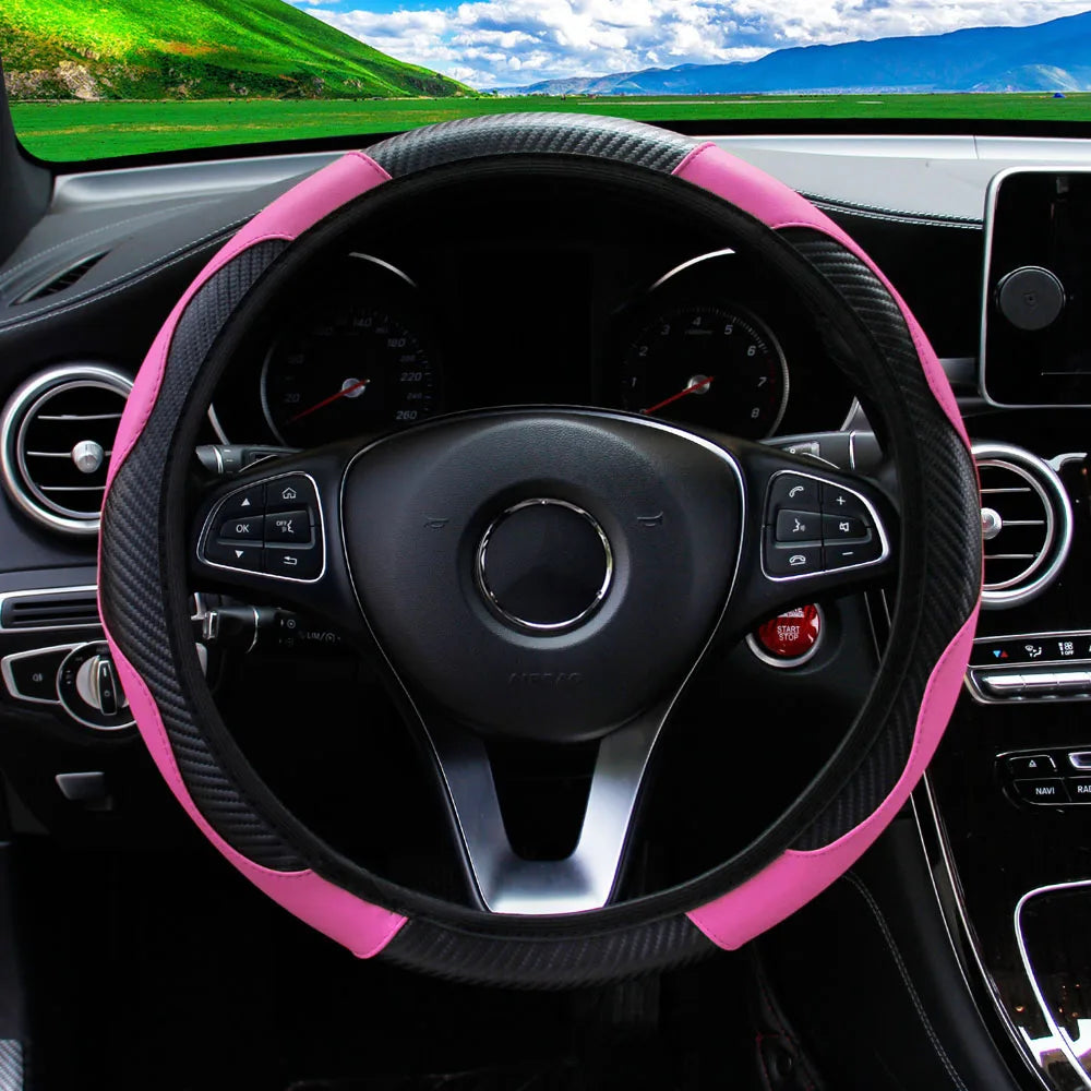 Carbon Fiber PU Leather Steering Wheel Cover – Universal Fit 14.5–15 Inch | Anti-Slip Car Interior Accessory
