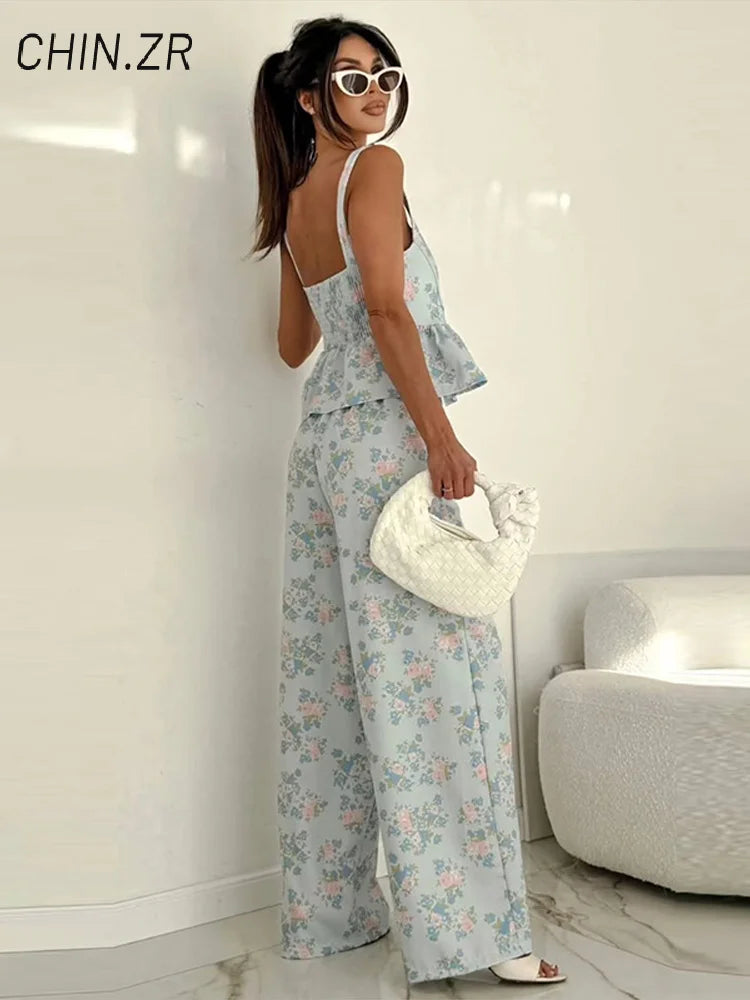 Floral Ruffle Sling Top & Wide-Leg Pants Set — 2-Piece