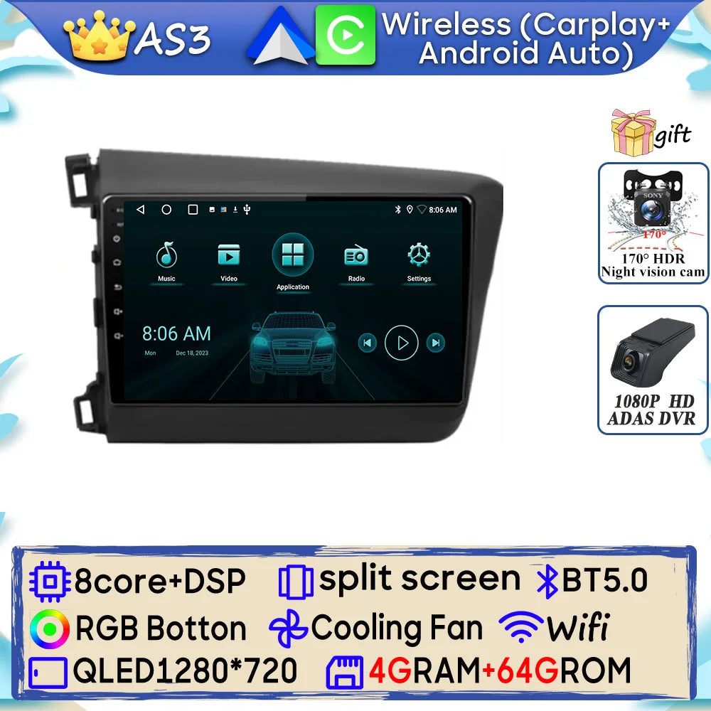 Car Stereo with Apple CarPlay & Android Auto, Compatible with Honda Civic 9 (2012-2015)