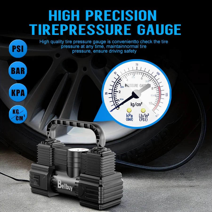 Ultra-Fast Car Tire Pump | 12V Plug-in, 5 Mins Full Inflation, Compact & Corded
