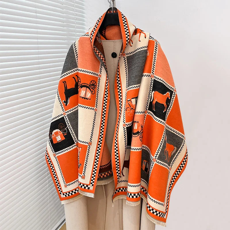 Women's Horse Print Poncho Shawl Wrap, Thick Winter Scarf