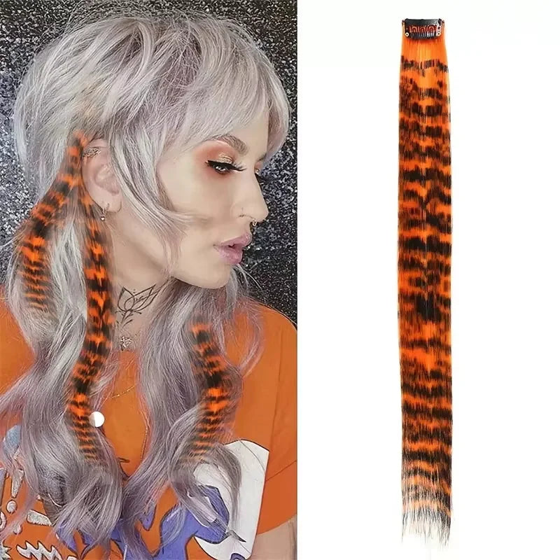 3pcs/set Stripe Printed Hair Colorful Long Straight Hair Pieces Synthetic Clip-in Hair Extensions for Daily Use Party Halloween