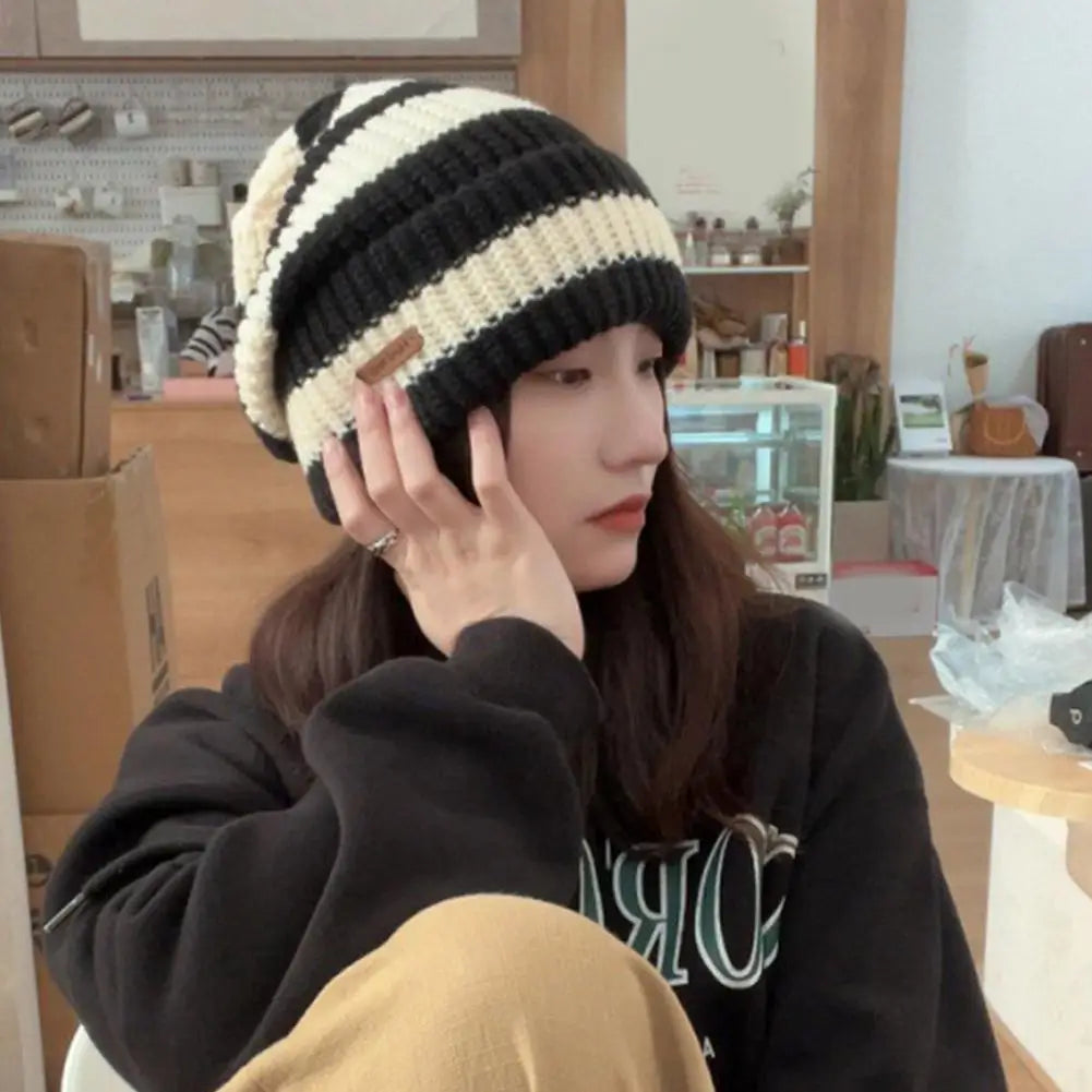 Women's Striped Baggy Beanie - Retro Knit Ear Covering Hat - photo 3