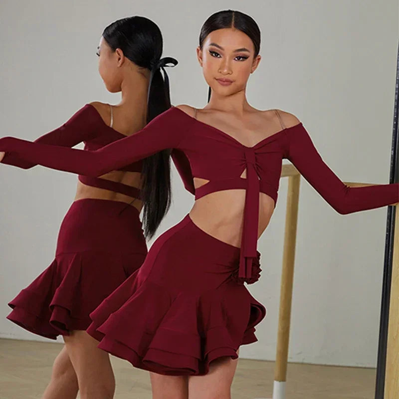Girls burgundy Latin dance top and skirt set