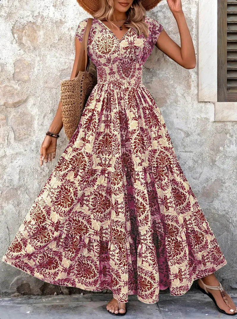 Women's Vintage Floral Print Maxi Dress – Elegant V-Neck Short-Sleeve Floor-Length Gown