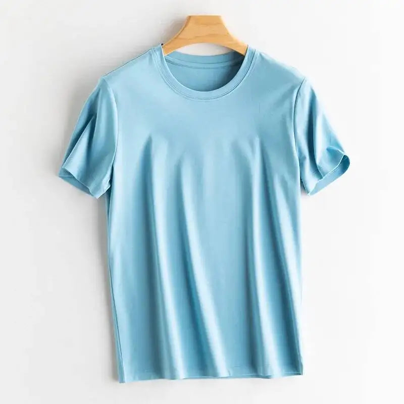 Women's Luxury Mulberry Silk Cotton T-Shirt – Loose Round Neck Short Sleeve Solid Basic Top