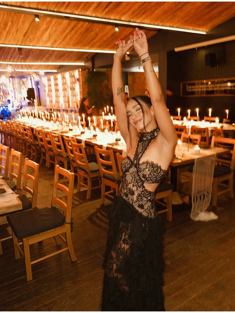 Sexy Lace Patchwork Dress Women Hollow Out Sleeveless Party Club Long Skirt See Through Halter Evening Gown Vacation Lady Robes