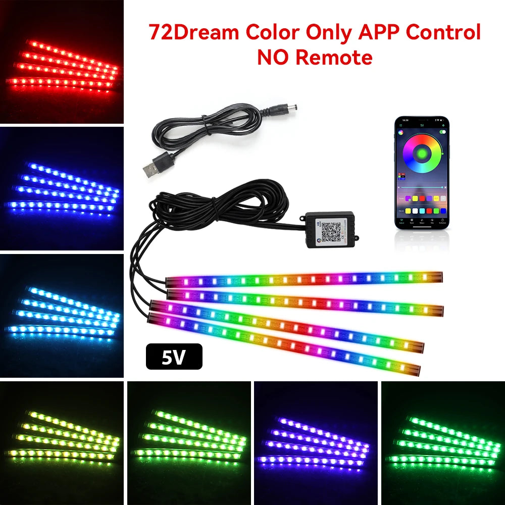 RGB LED Car Interior Ambient Light Strip – 36/48/72 LED Remote & App Music Control | USB or Cigarette Lighter | Atmosphere Foot Light