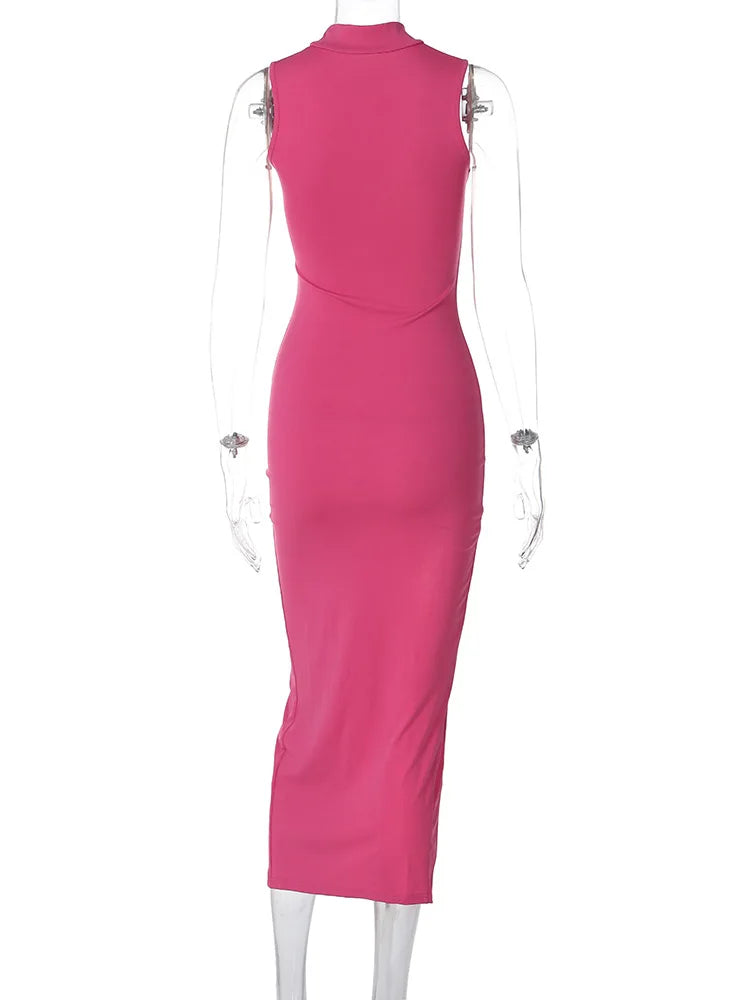 New Women's Black Sleeveless High Neck Slit Skirt Sexy Dress For Women Club Party Dresses Skinny Fashion Summer Tank Dresses