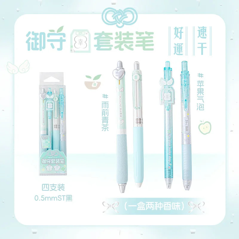 4pcs Good Luck Gel Pens Set Sweety Japanese Style 0.5mm Ballpoint Black Ink for Writing Student Back to School Kids Gift A3142