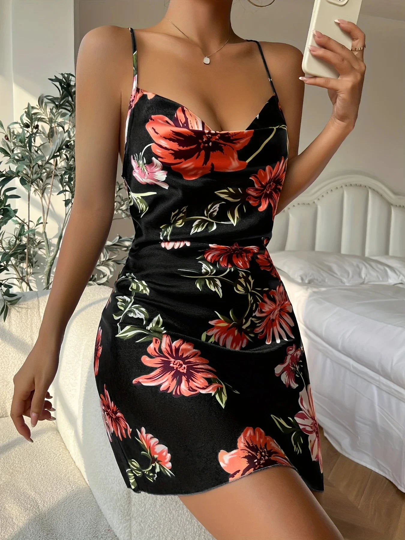 Women's Ice Silk Floral Print Slip Nightdress – Breathable Open Back Split Mid-Calf Pajama Dress | S–XL (9 Colors)
