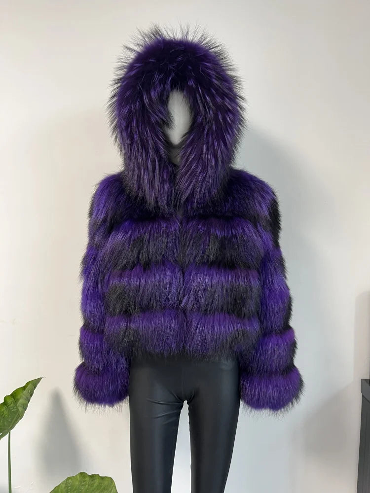 Women's Hooded Raccoon Fur Coat, Turn-Down Collar