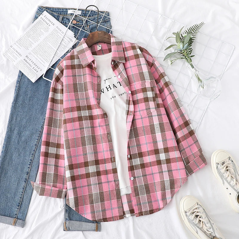 Women's Plaid Long Sleeve Shirt - Loose Casual Button-Up Blouse - photo 27
