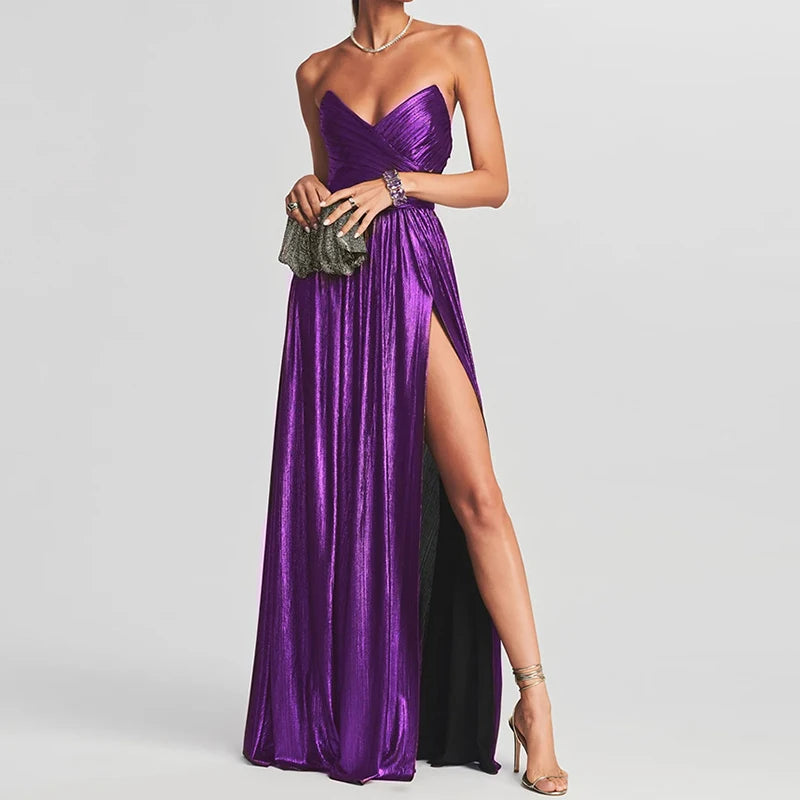 Women Spring Summer Sleeveless Casual Maxi Dress Strapless Elegant Fashion Party Dress Office Lady Retro High Slit Dress Vestido