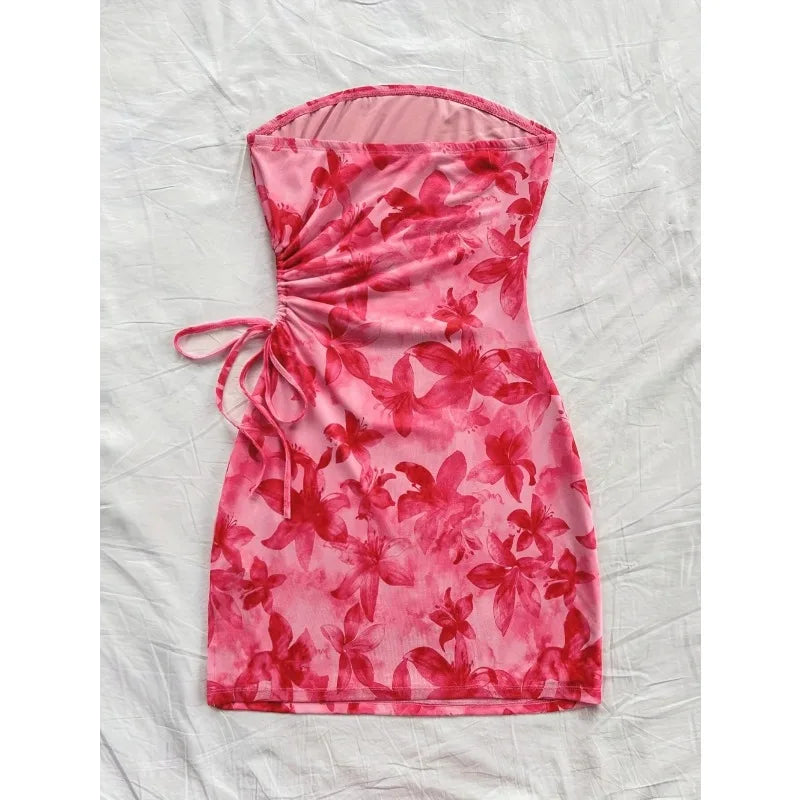 Women's 2026 Floral Print Tube Mini Dress Strapless Backless Party Club Short Ruched Drawstring Bodycon Party Dresses Streetwear