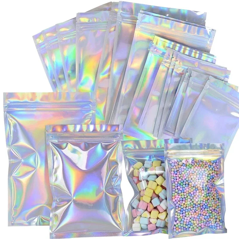 50/10PCS Laser Sealing Bags Plastic Holographic Candy Food Pouch Resealable Necklace Jewelry Gift Packaging Kitchen Storage Bag