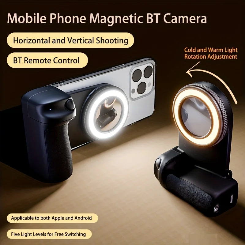 MagSafe Phone Camera Shutter Grip for iPhone 16 Android Bluetooth Selfie Stabilizer With Fill Light for Smartphone Photography